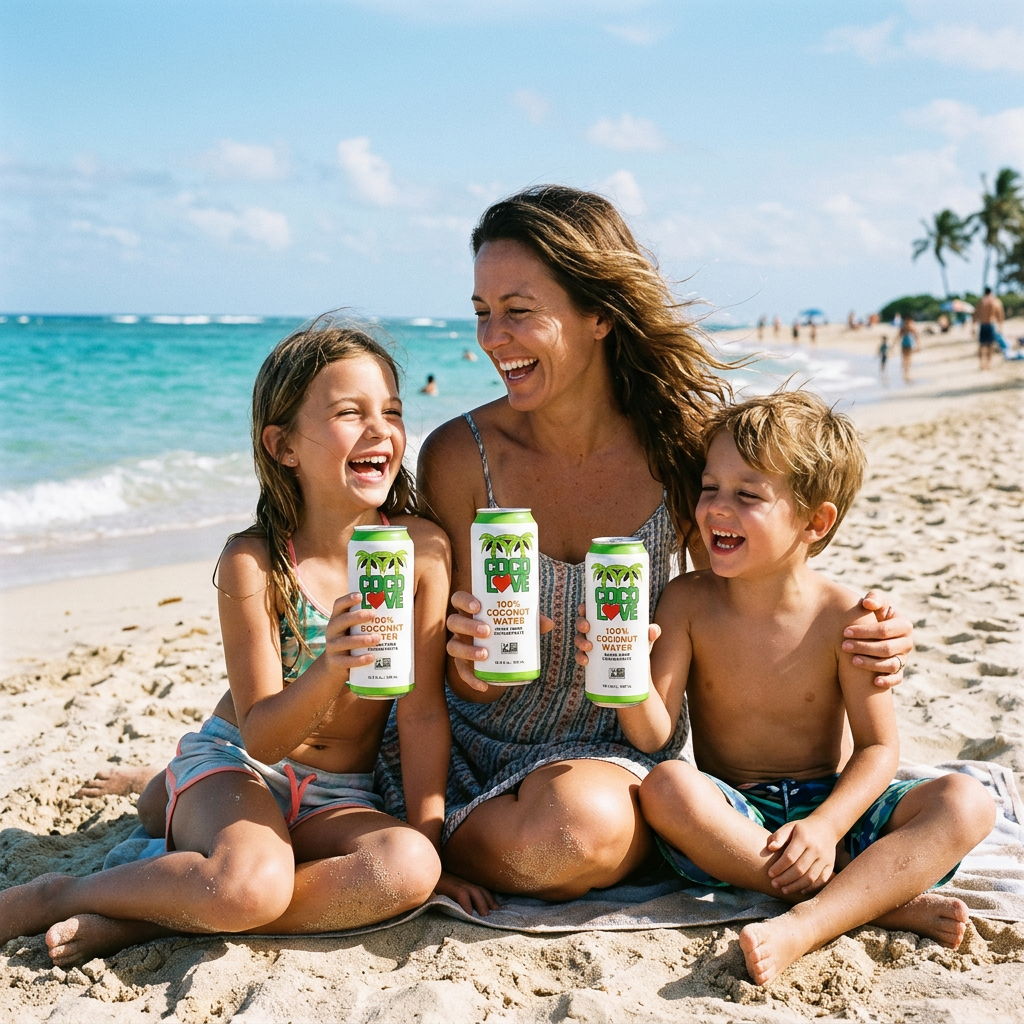 Family enjoying Coco Love coconut water on the beach